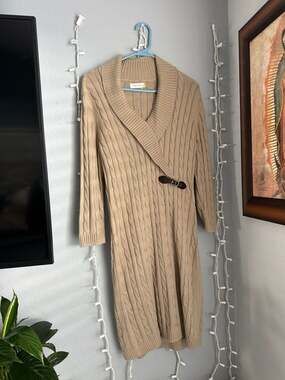 Calvin Klein Cable Knit Shawl Collar Buckle Sweater Dress, Size M